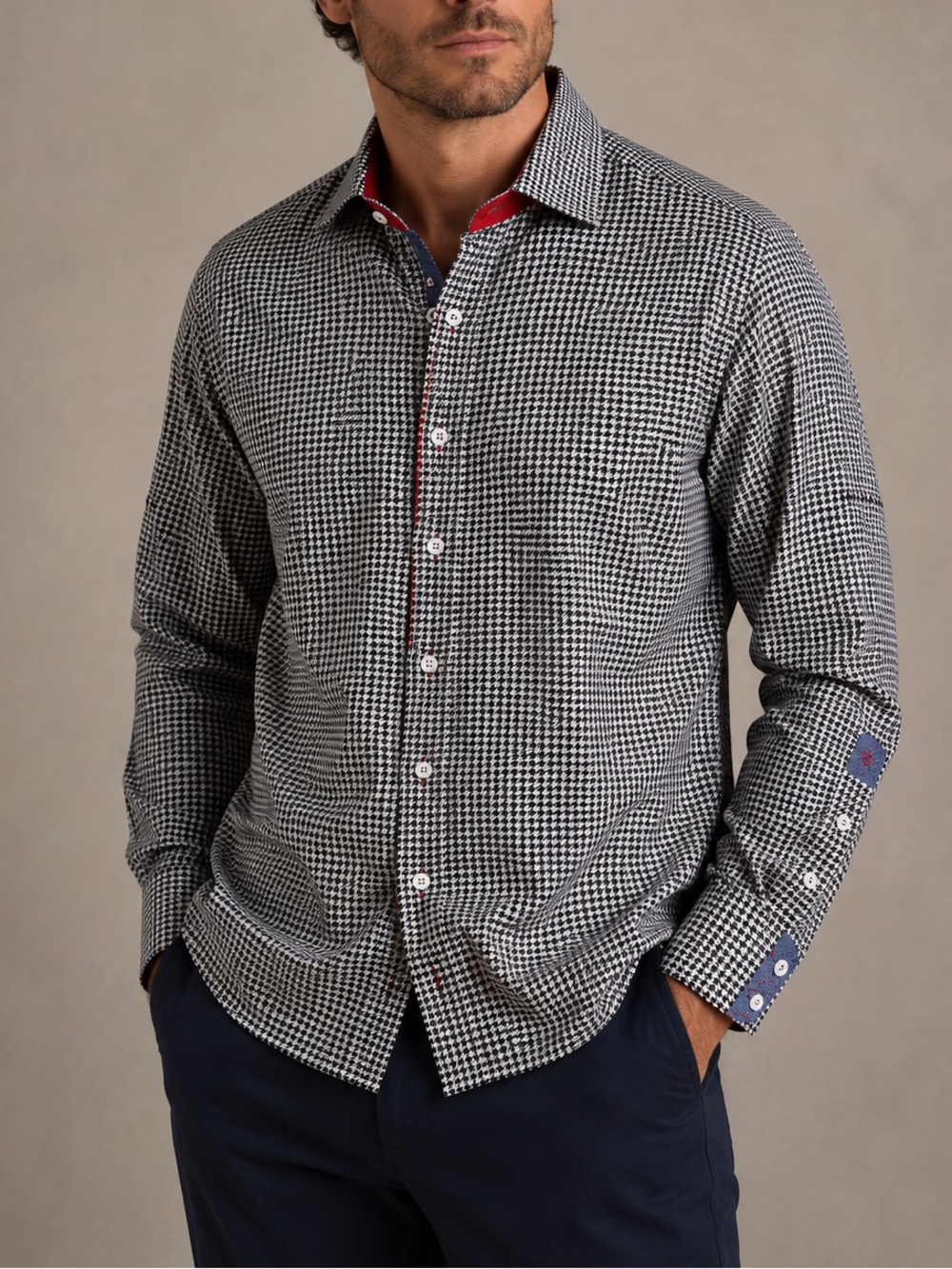 Robert Graham X Collection Puckle Navy Houndstooth Flip Cuff Shirt size medium